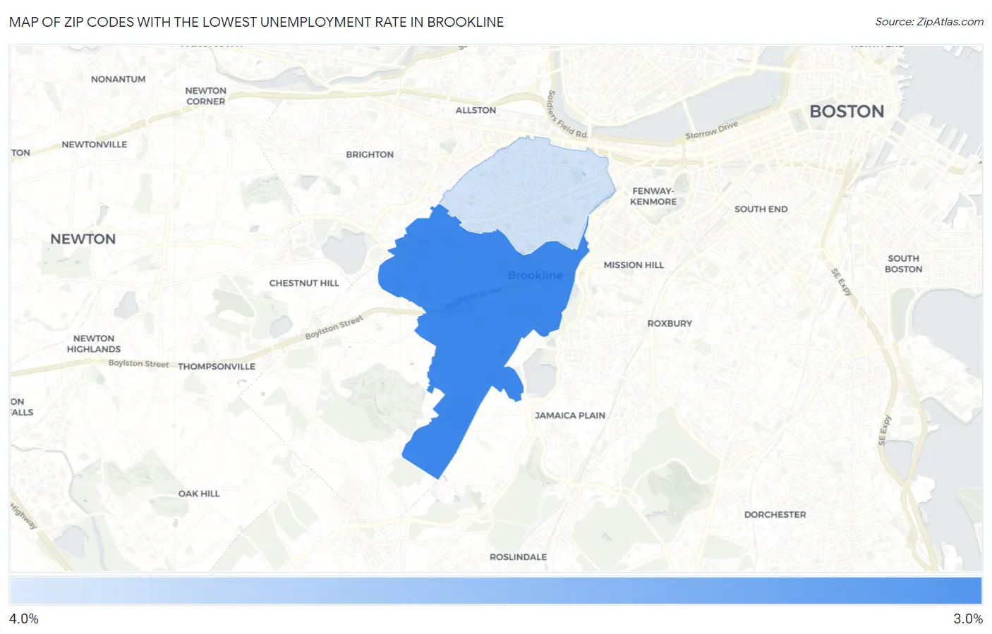 Zip Codes with the Lowest Unemployment Rate in Brookline Map