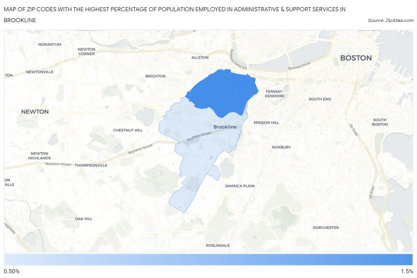 Zip Codes with the Highest Percentage of Population Employed in Administrative & Support Services in Brookline Map