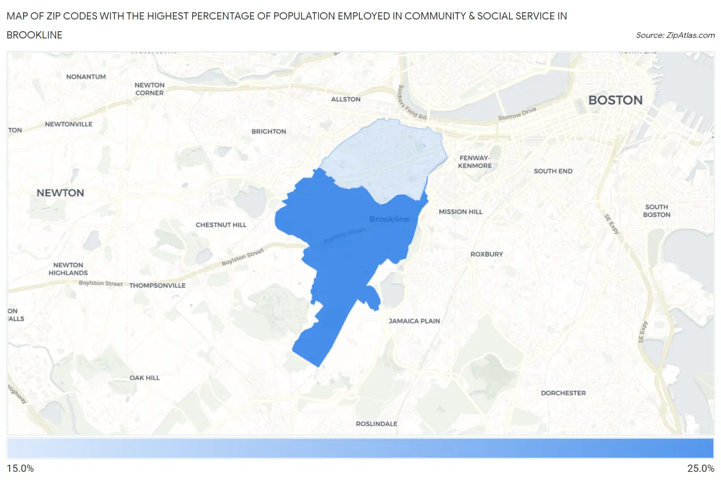 Zip Codes with the Highest Percentage of Population Employed in Community & Social Service  in Brookline Map