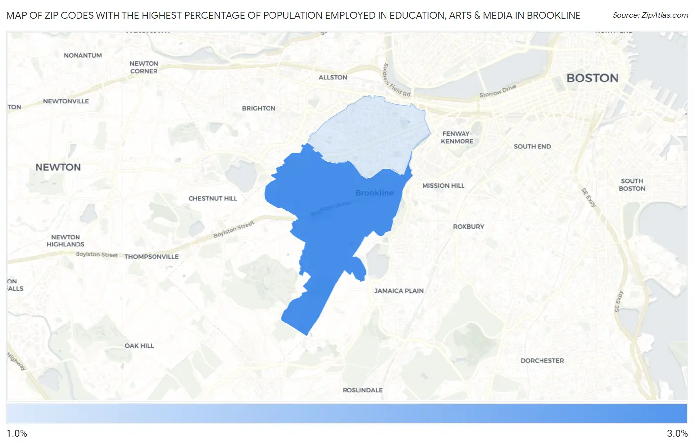 Zip Codes with the Highest Percentage of Population Employed in Education, Arts & Media in Brookline Map