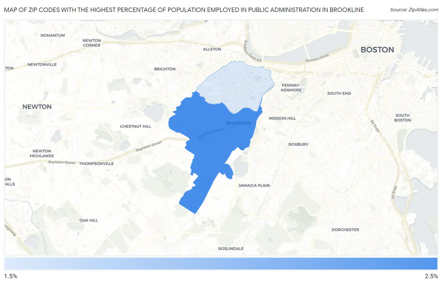 Zip Codes with the Highest Percentage of Population Employed in Public Administration in Brookline Map