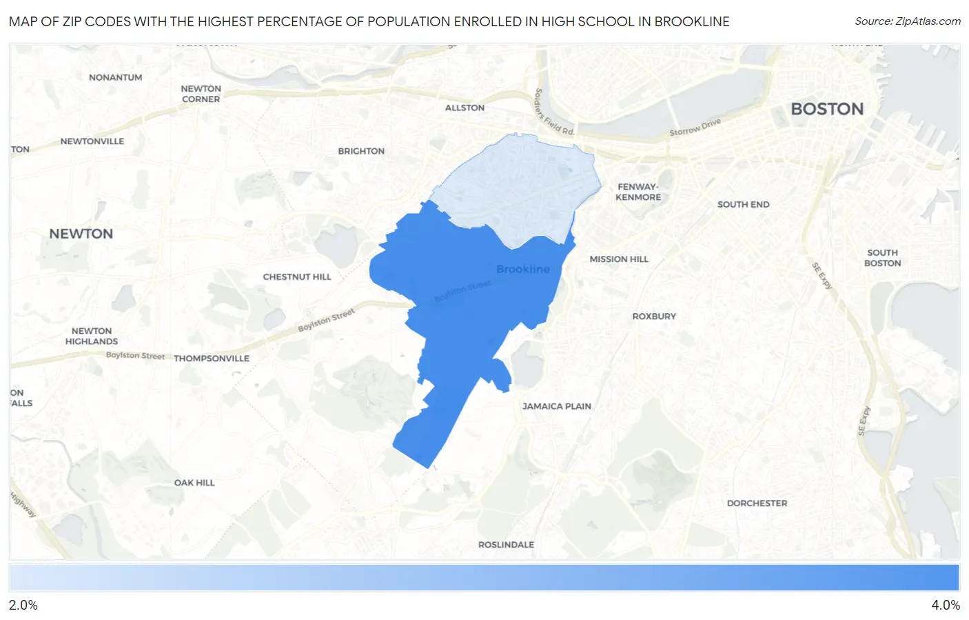 Zip Codes with the Highest Percentage of Population Enrolled in High School in Brookline Map