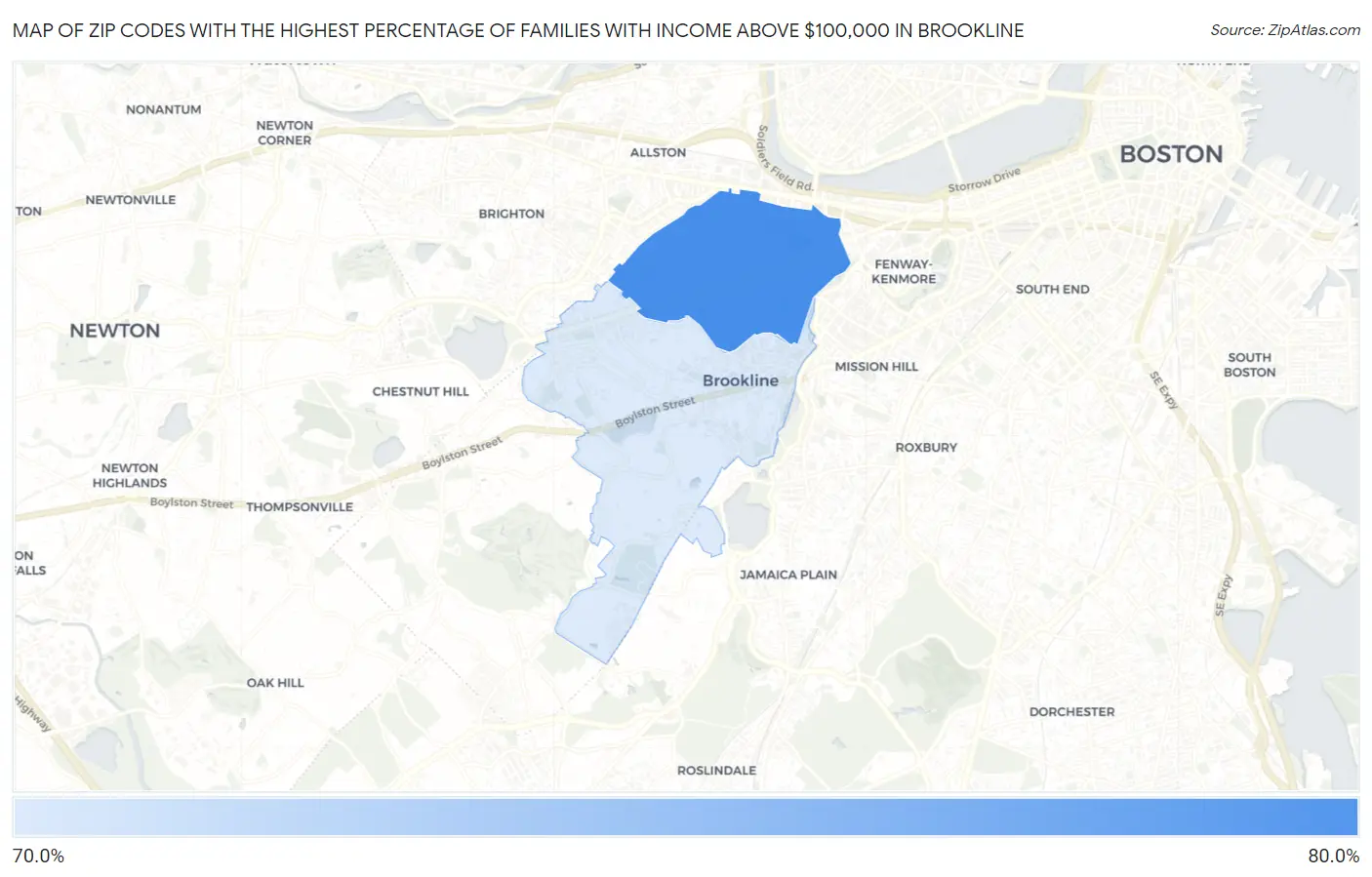 Zip Codes with the Highest Percentage of Families with Income Above $100,000 in Brookline Map