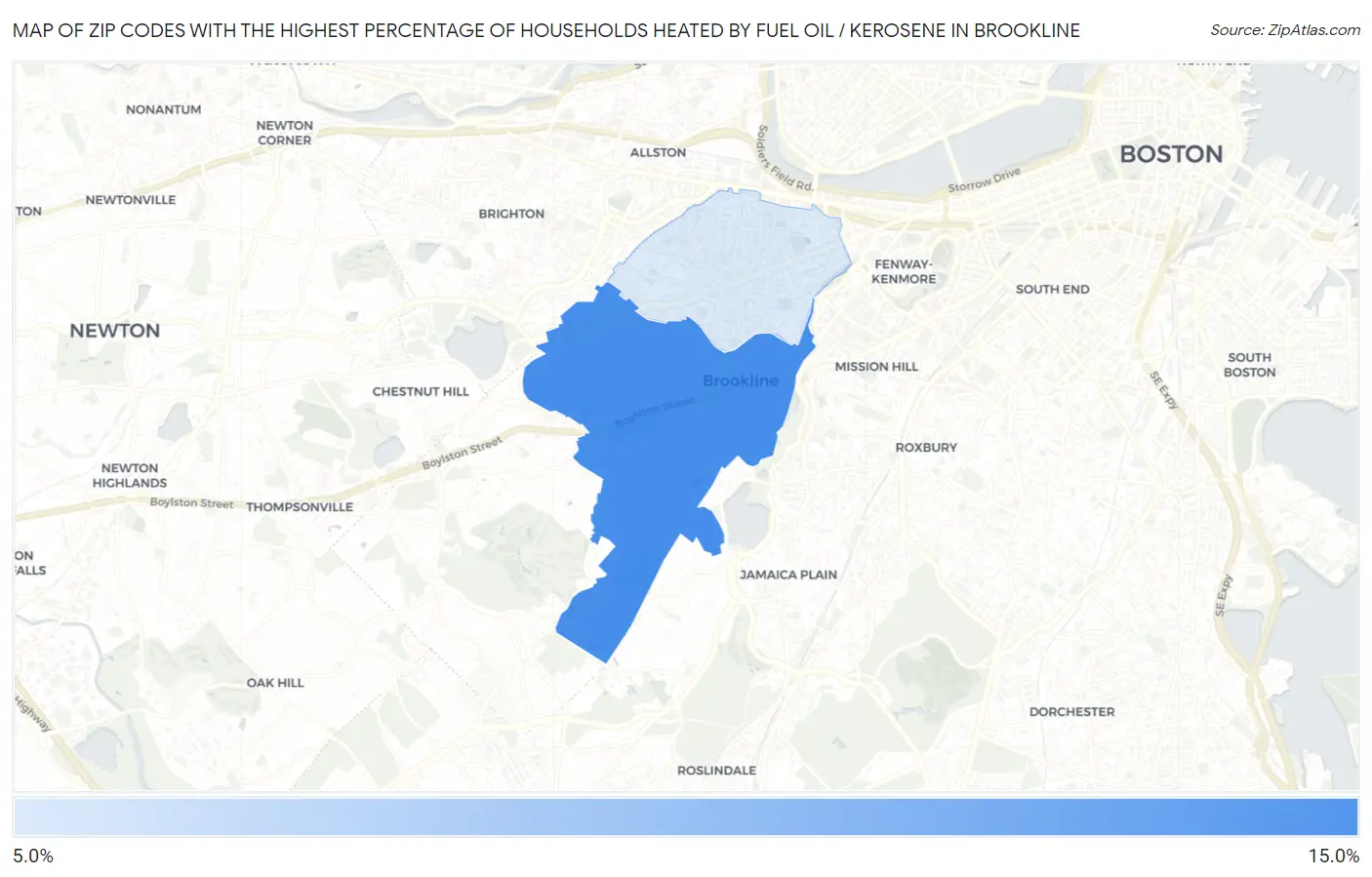 Zip Codes with the Highest Percentage of Households Heated by Fuel Oil / Kerosene in Brookline Map
