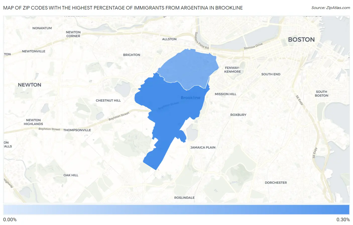 Zip Codes with the Highest Percentage of Immigrants from Argentina in Brookline Map