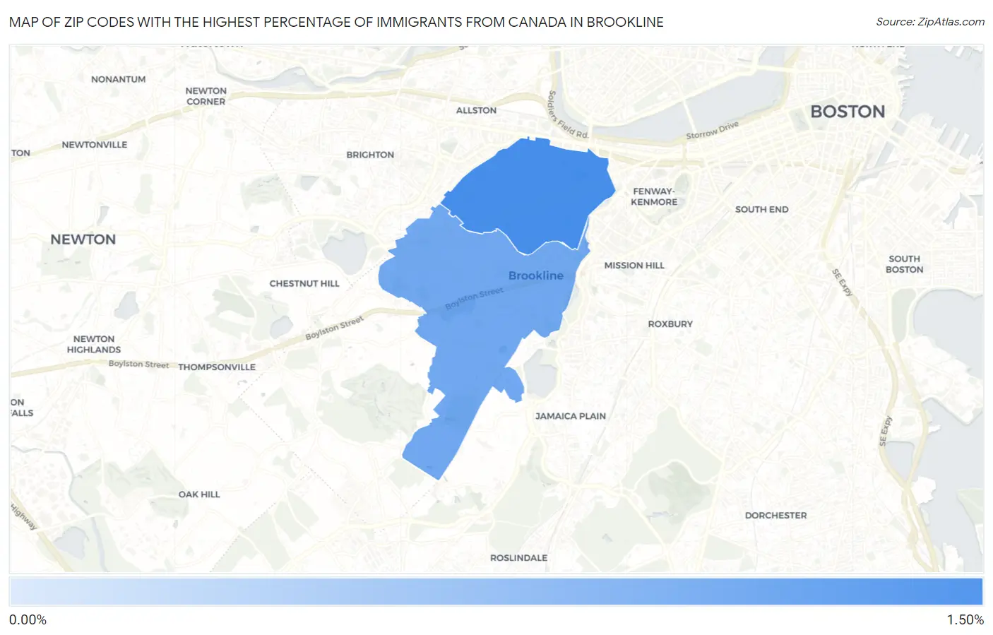 Zip Codes with the Highest Percentage of Immigrants from Canada in Brookline Map
