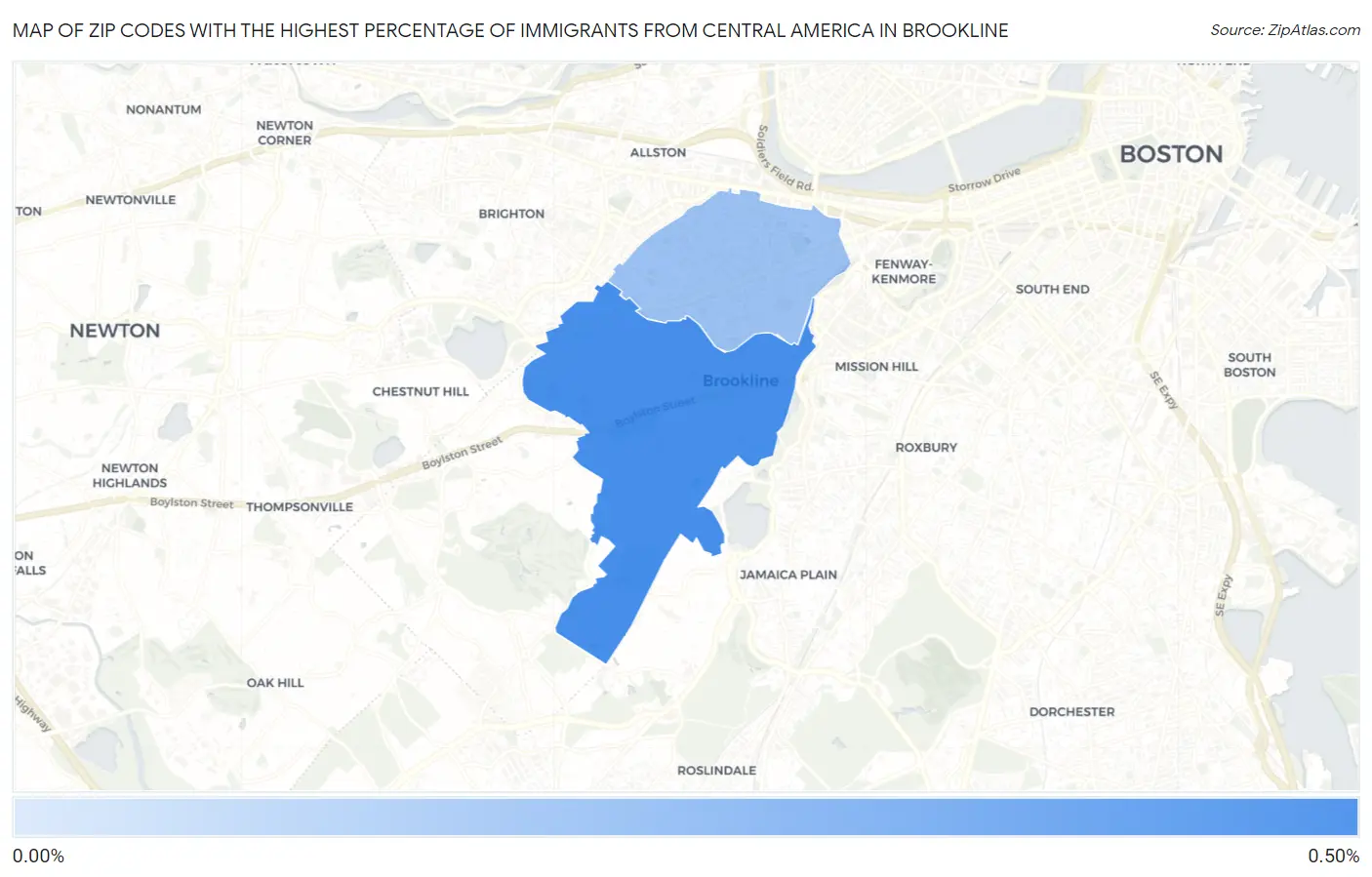 Zip Codes with the Highest Percentage of Immigrants from Central America in Brookline Map