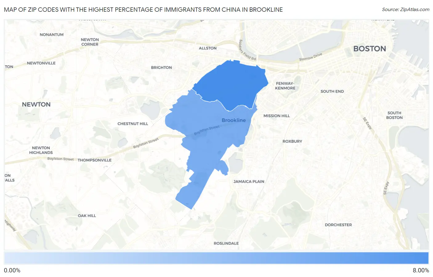 Zip Codes with the Highest Percentage of Immigrants from China in Brookline Map