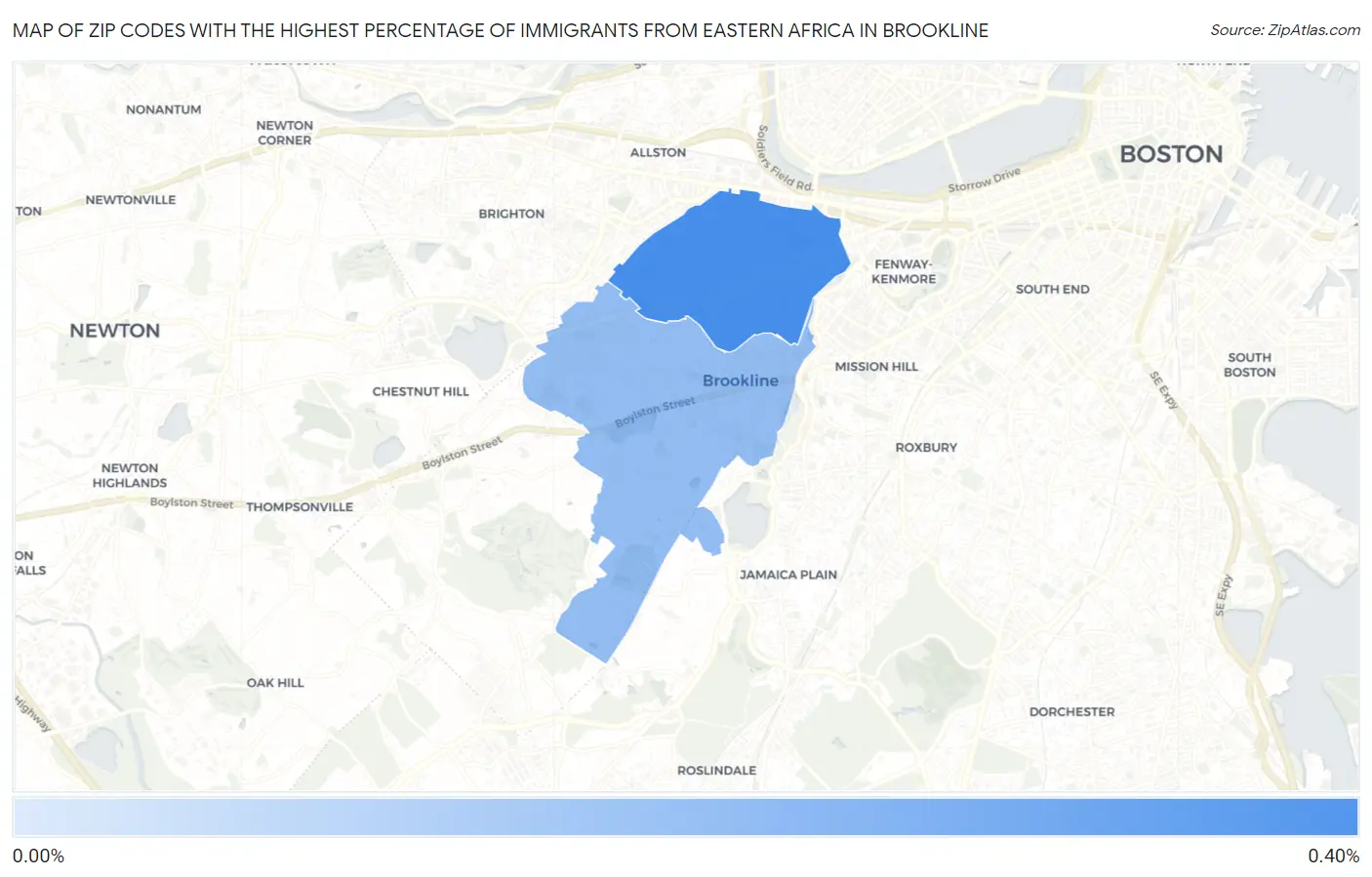 Zip Codes with the Highest Percentage of Immigrants from Eastern Africa in Brookline Map