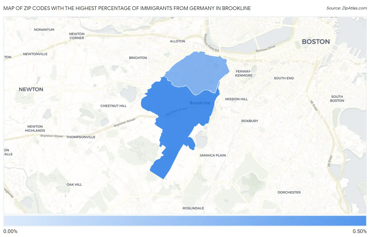 Zip Codes with the Highest Percentage of Immigrants from Germany in Brookline Map
