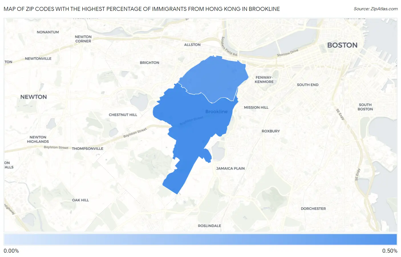 Zip Codes with the Highest Percentage of Immigrants from Hong Kong in Brookline Map