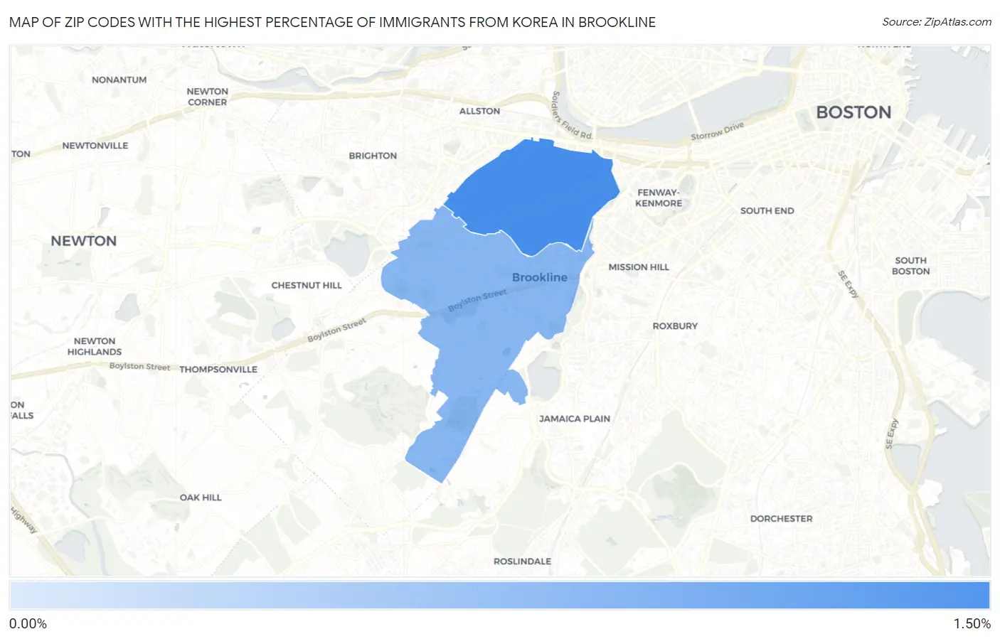 Zip Codes with the Highest Percentage of Immigrants from Korea in Brookline Map