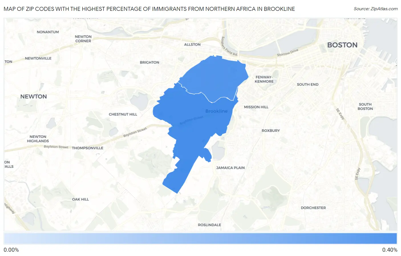 Zip Codes with the Highest Percentage of Immigrants from Northern Africa in Brookline Map