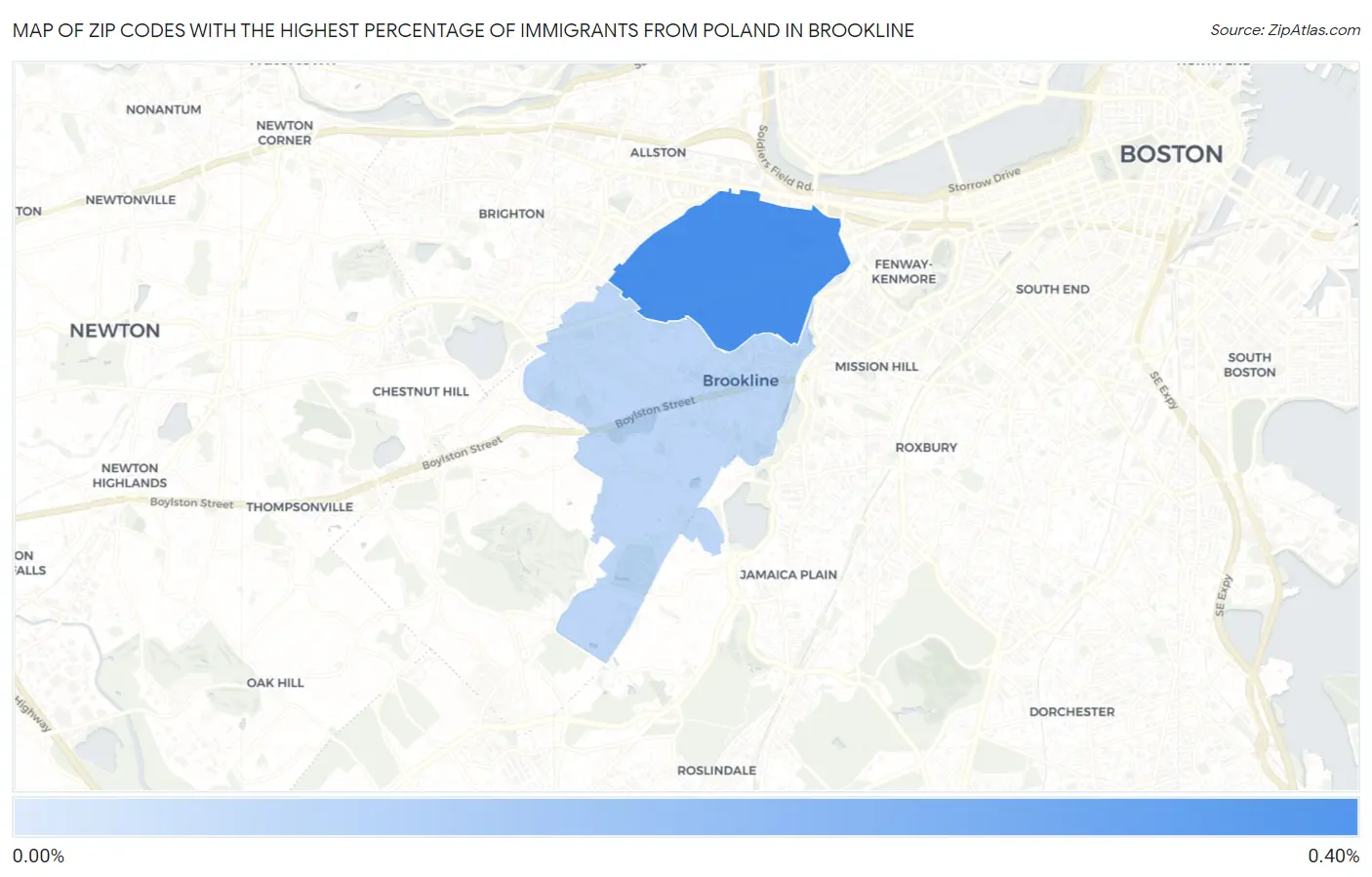 Zip Codes with the Highest Percentage of Immigrants from Poland in Brookline Map