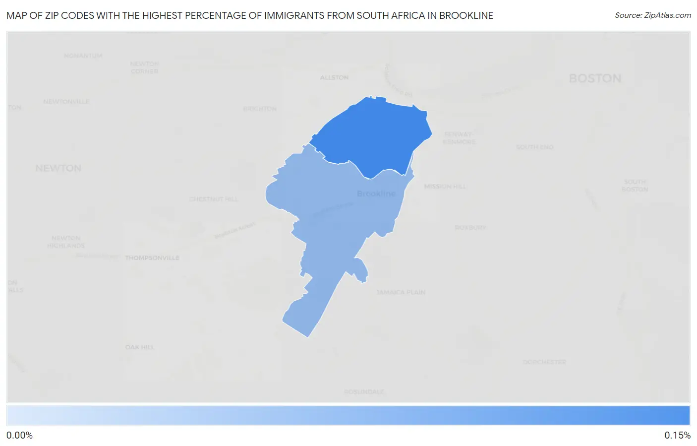 Zip Codes with the Highest Percentage of Immigrants from South Africa in Brookline Map