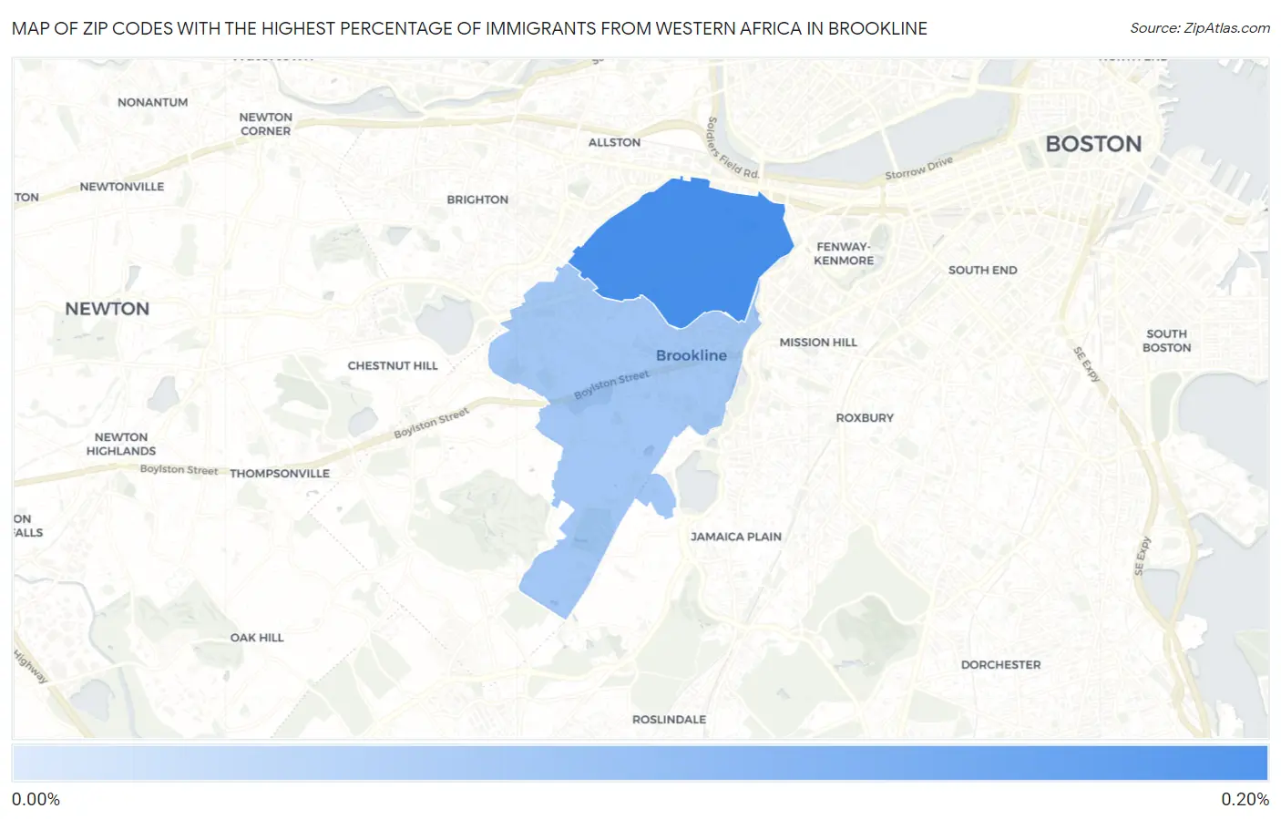Zip Codes with the Highest Percentage of Immigrants from Western Africa in Brookline Map