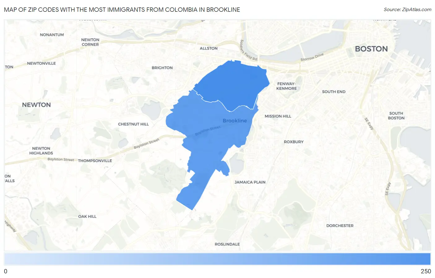 Zip Codes with the Most Immigrants from Colombia in Brookline Map