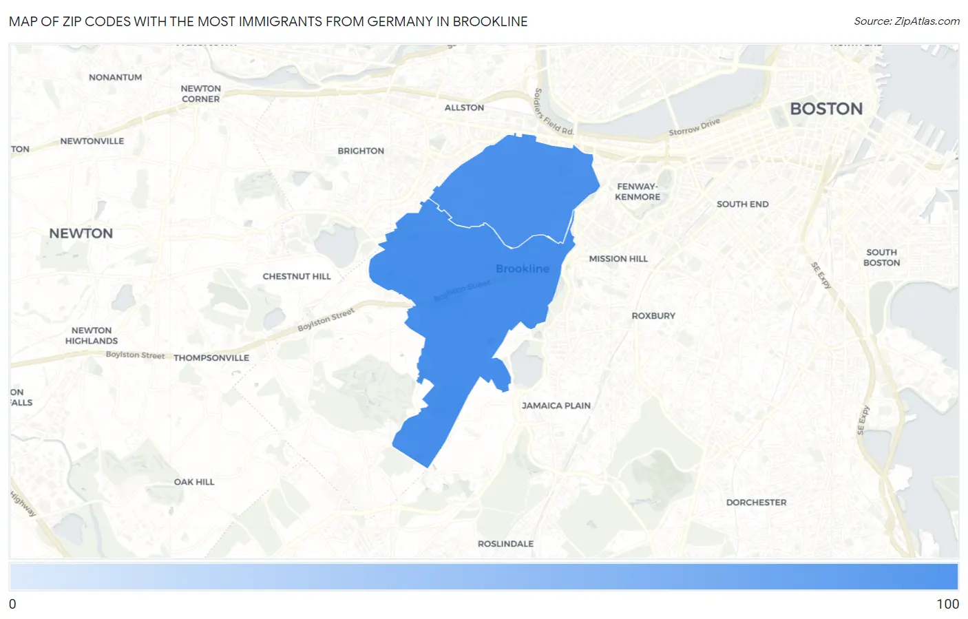 Zip Codes with the Most Immigrants from Germany in Brookline Map