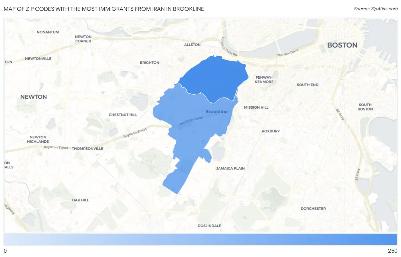 Zip Codes with the Most Immigrants from Iran in Brookline Map