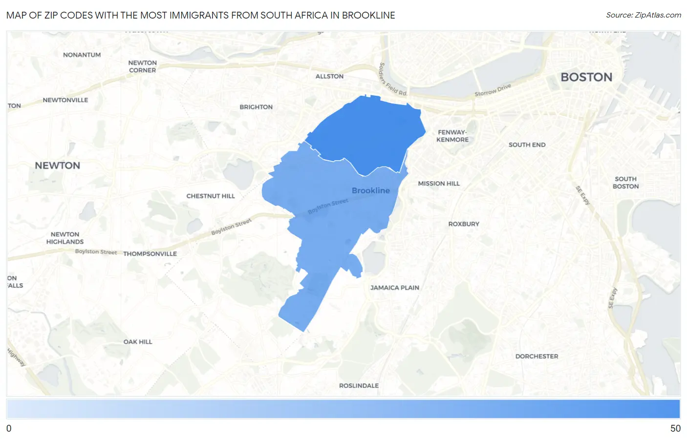 Zip Codes with the Most Immigrants from South Africa in Brookline Map