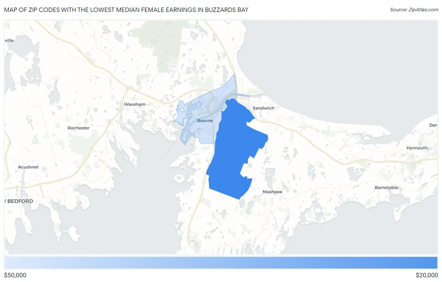 Zip Codes with the Lowest Median Female Earnings in Buzzards Bay Map