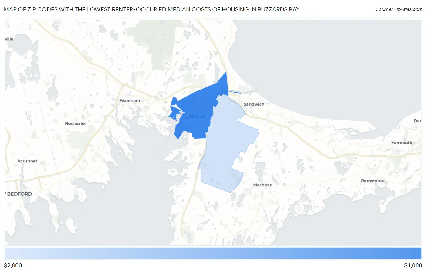 Zip Codes with the Lowest Renter-Occupied Median Costs of Housing in Buzzards Bay Map