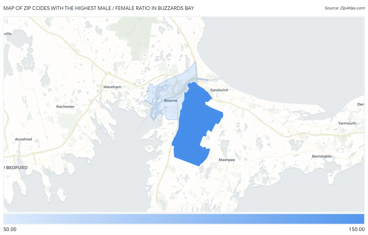 Zip Codes with the Highest Male / Female Ratio in Buzzards Bay Map