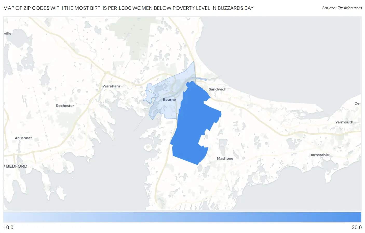 Zip Codes with the Most Births per 1,000 Women Below Poverty Level in Buzzards Bay Map