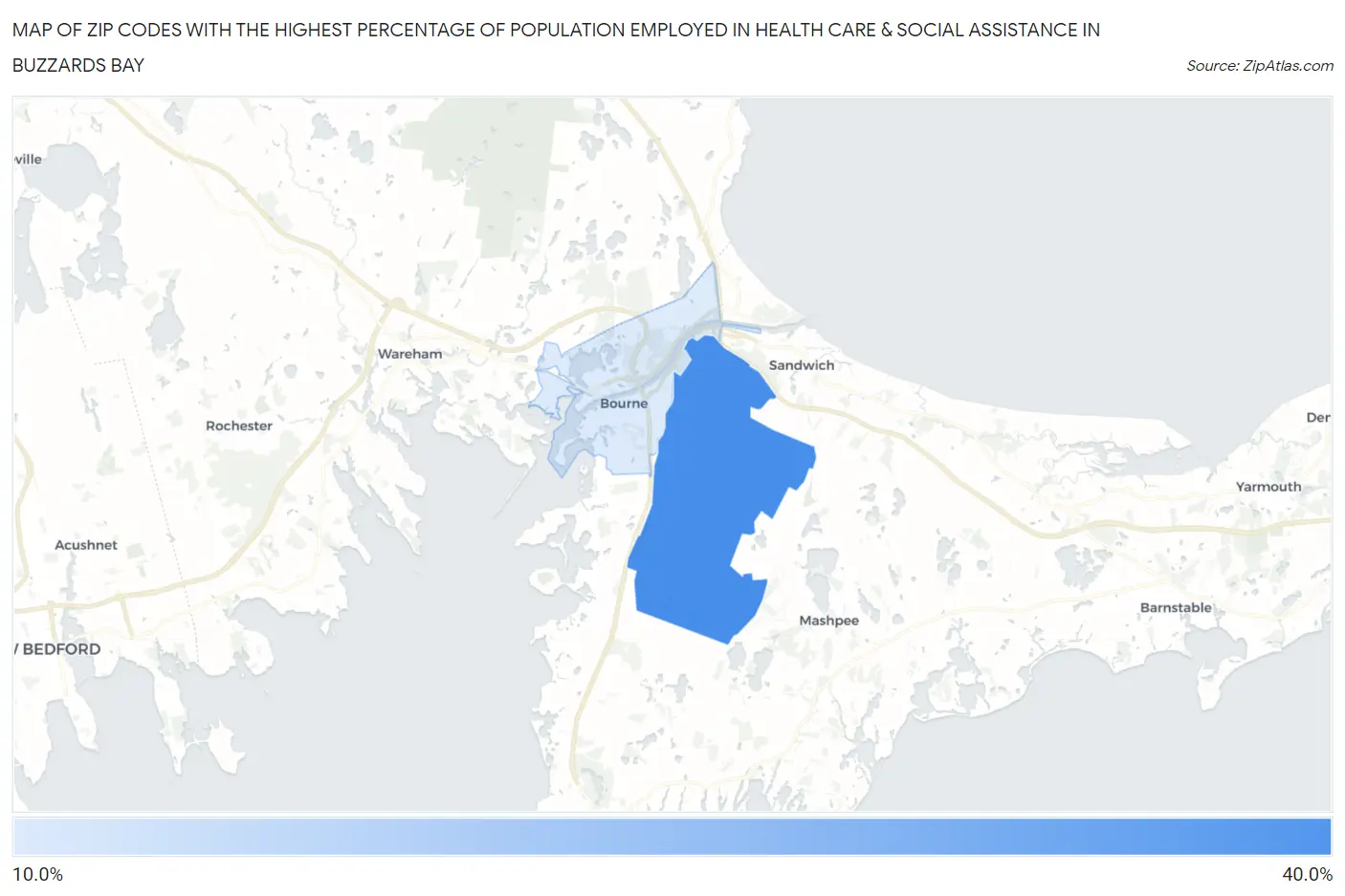Zip Codes with the Highest Percentage of Population Employed in Health Care & Social Assistance in Buzzards Bay Map