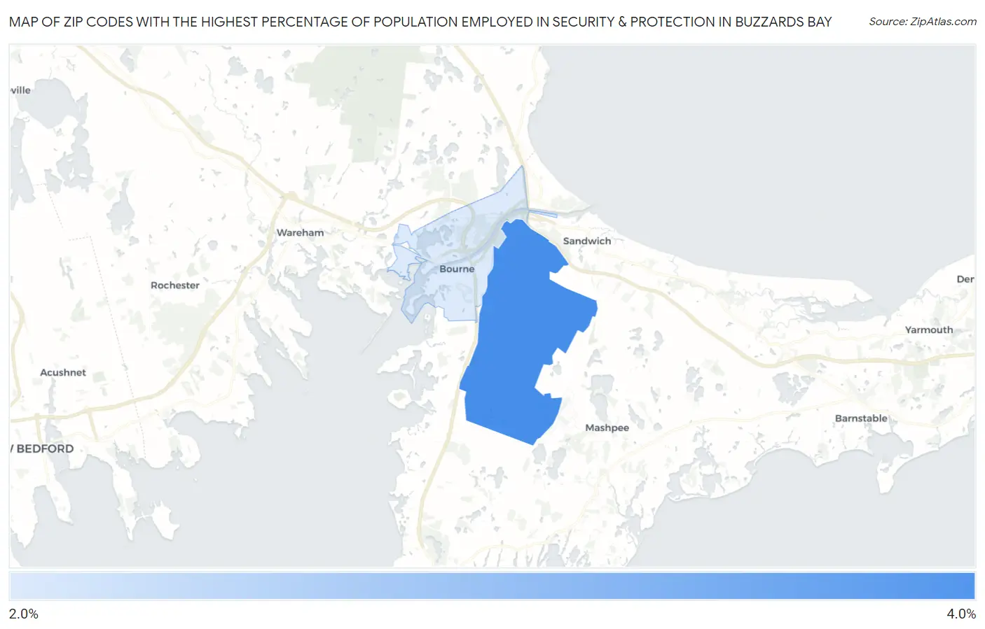 Zip Codes with the Highest Percentage of Population Employed in Security & Protection in Buzzards Bay Map