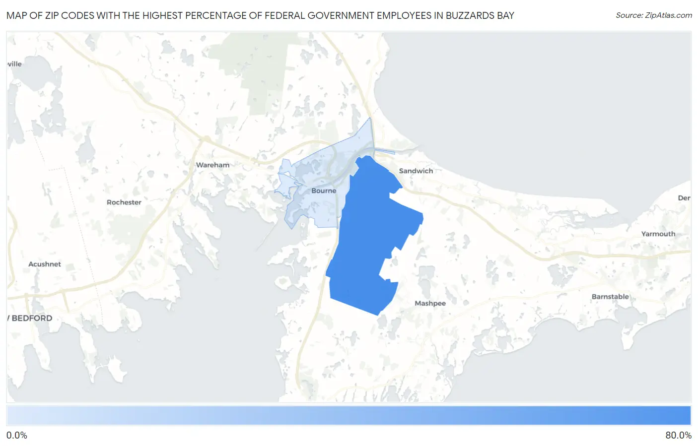 Zip Codes with the Highest Percentage of Federal Government Employees in Buzzards Bay Map