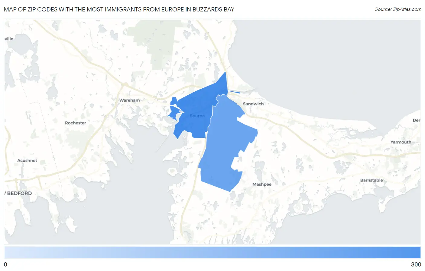 Zip Codes with the Most Immigrants from Europe in Buzzards Bay Map