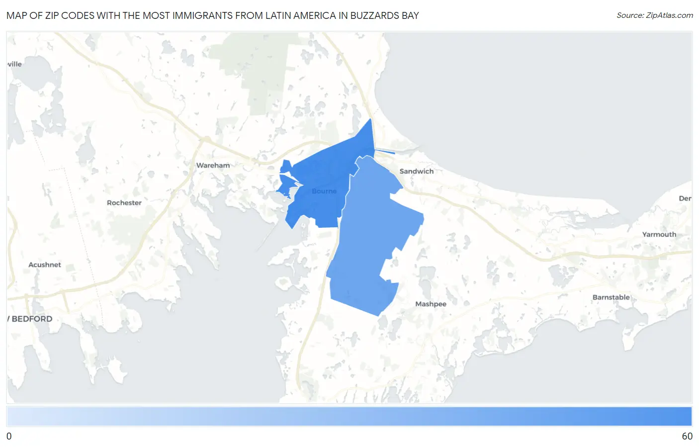 Zip Codes with the Most Immigrants from Latin America in Buzzards Bay Map