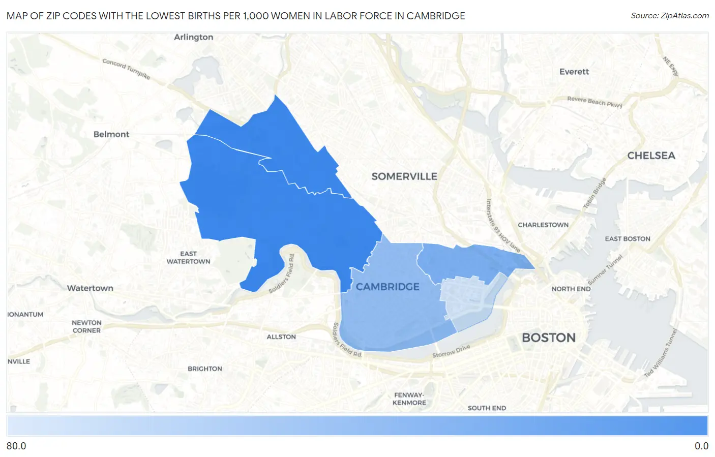 Zip Codes with the Lowest Births per 1,000 Women in Labor Force in Cambridge Map