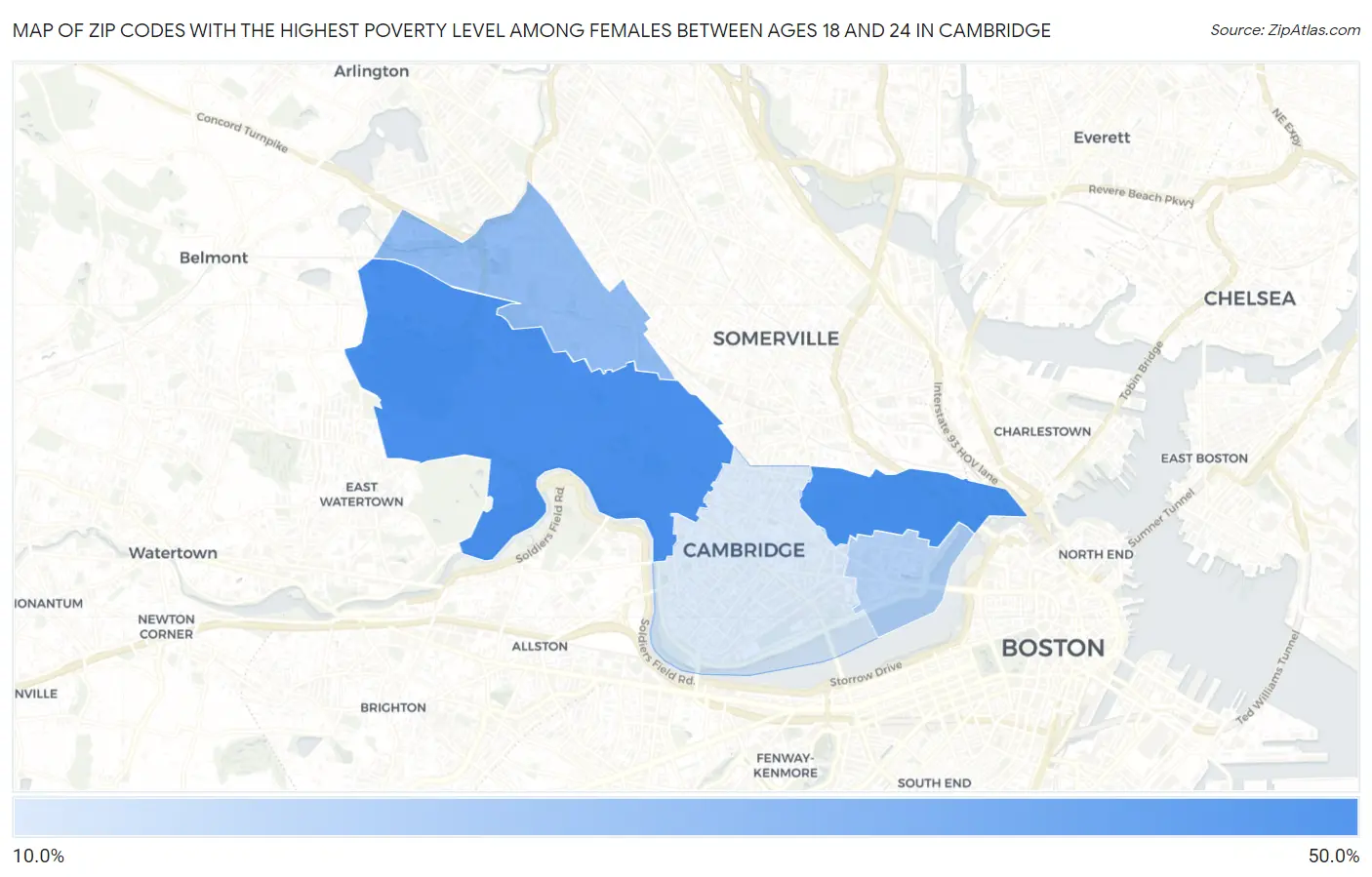 Zip Codes with the Highest Poverty Level Among Females Between Ages 18 and 24 in Cambridge Map