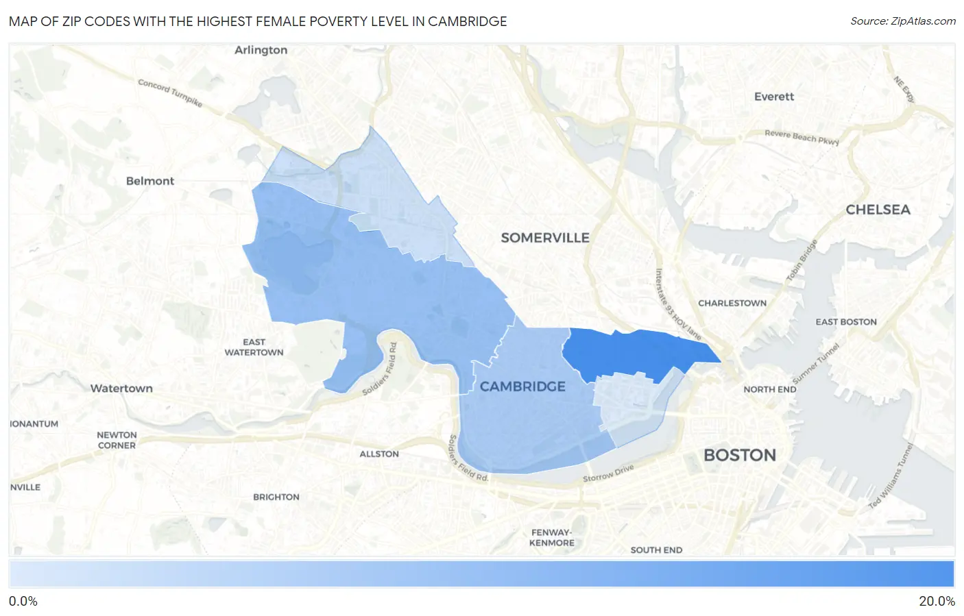 Zip Codes with the Highest Female Poverty Level in Cambridge Map