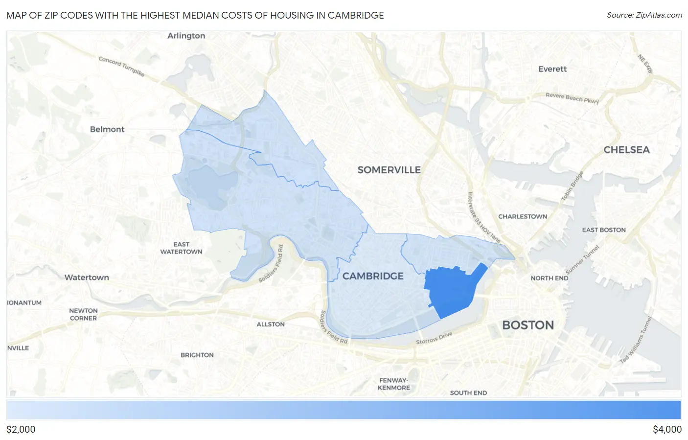Zip Codes with the Highest Median Costs of Housing in Cambridge Map