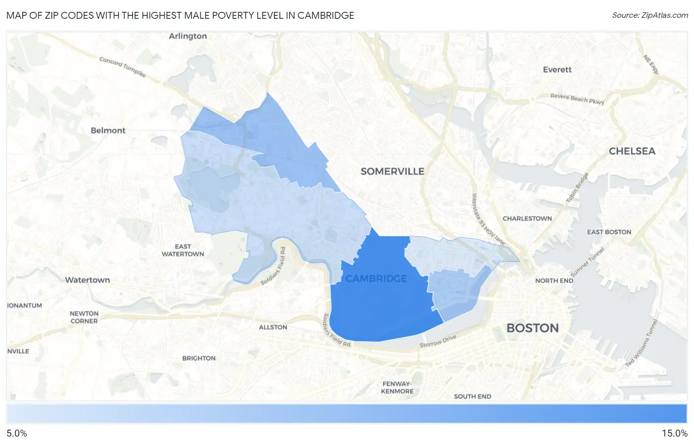 Zip Codes with the Highest Male Poverty Level in Cambridge Map
