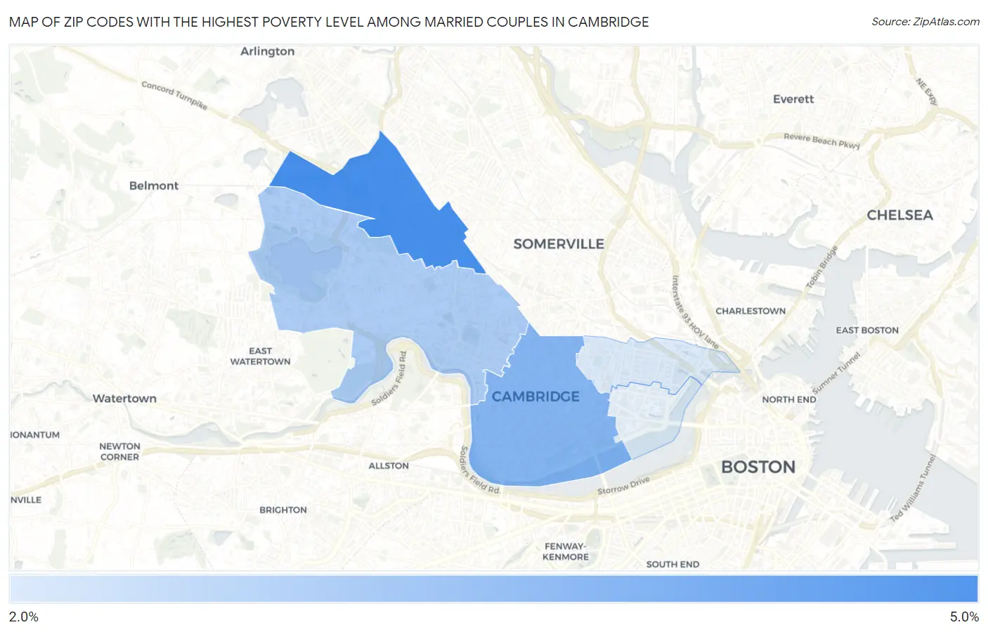 Zip Codes with the Highest Poverty Level Among Married Couples in Cambridge Map