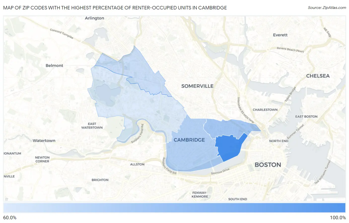 Zip Codes with the Highest Percentage of Renter-Occupied Units in Cambridge Map