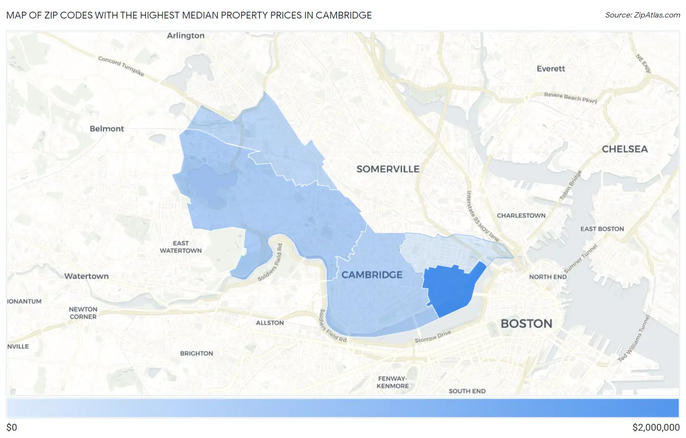 Zip Codes with the Highest Median Property Prices in Cambridge Map