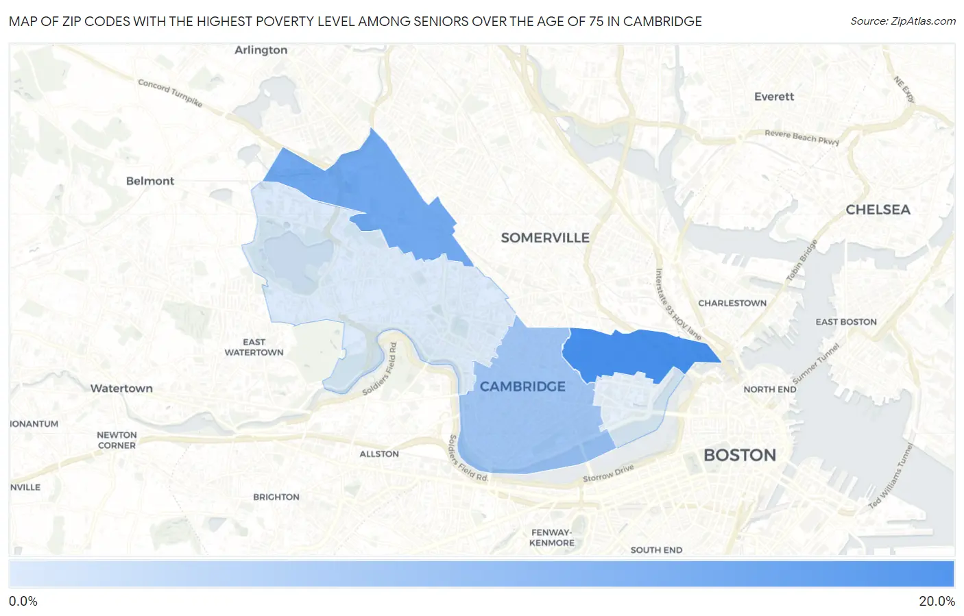 Zip Codes with the Highest Poverty Level Among Seniors Over the Age of 75 in Cambridge Map