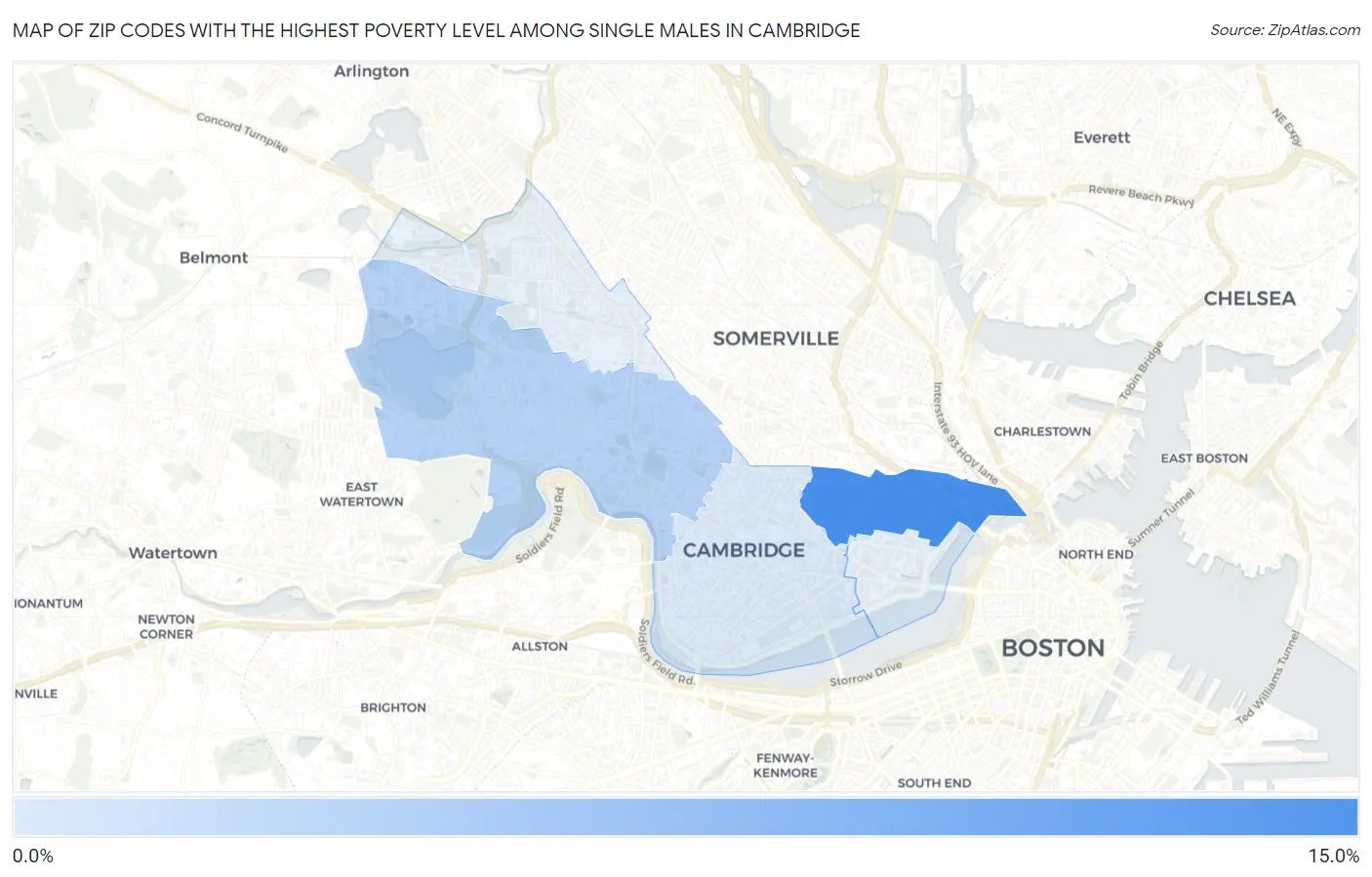 Zip Codes with the Highest Poverty Level Among Single Males in Cambridge Map