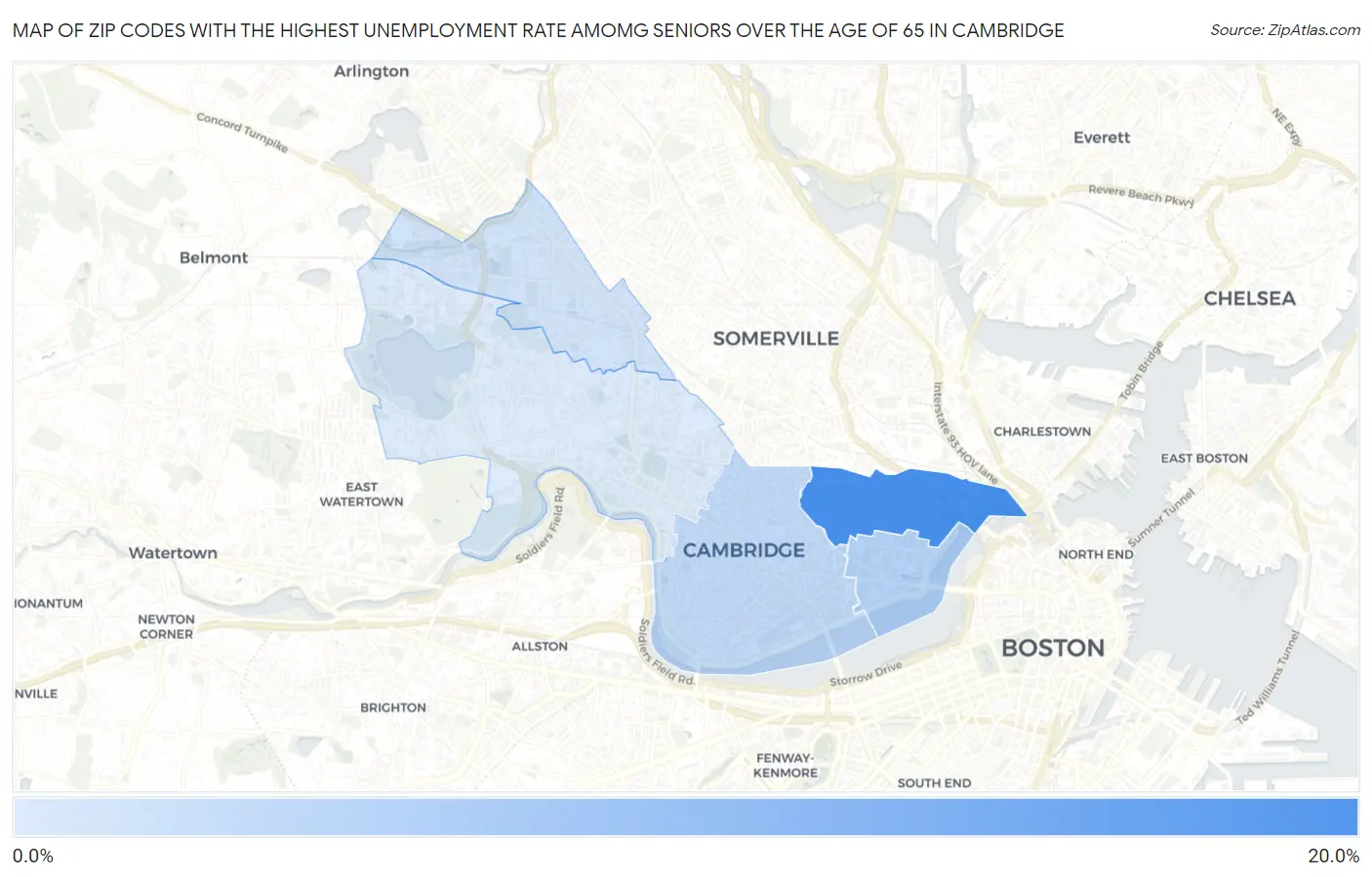 Zip Codes with the Highest Unemployment Rate Amomg Seniors Over the Age of 65 in Cambridge Map
