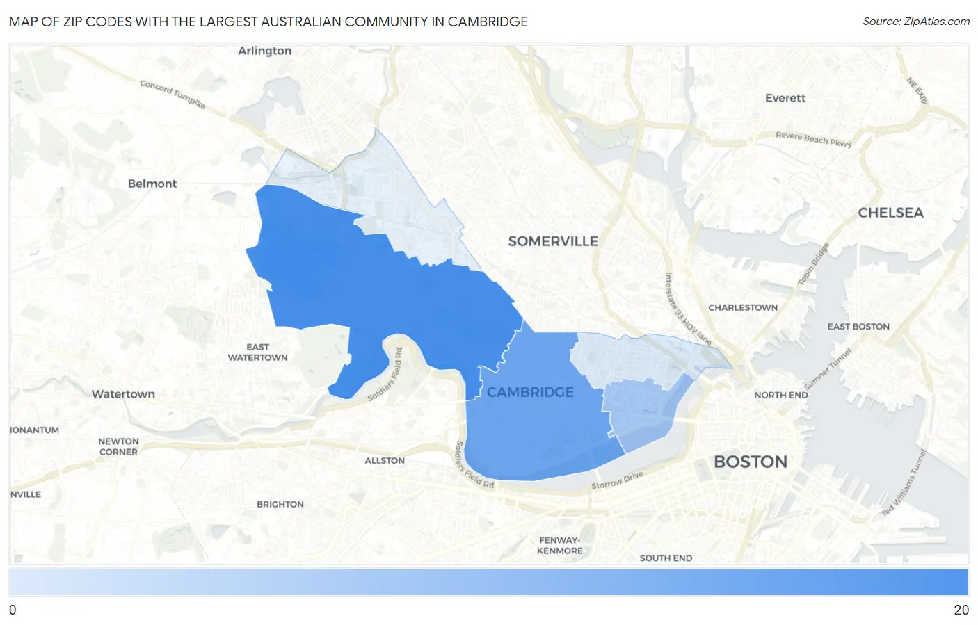Zip Codes with the Largest Australian Community in Cambridge Map