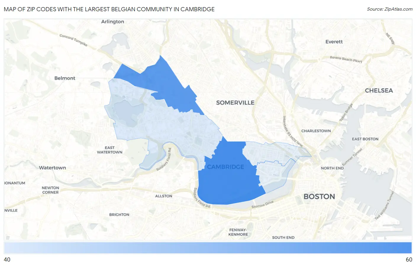 Zip Codes with the Largest Belgian Community in Cambridge Map