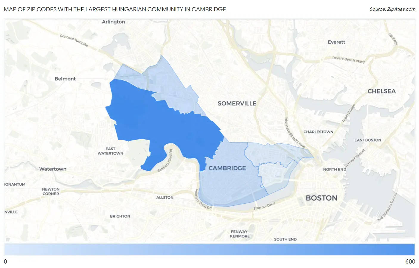 Zip Codes with the Largest Hungarian Community in Cambridge Map