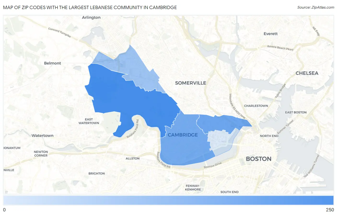 Zip Codes with the Largest Lebanese Community in Cambridge Map