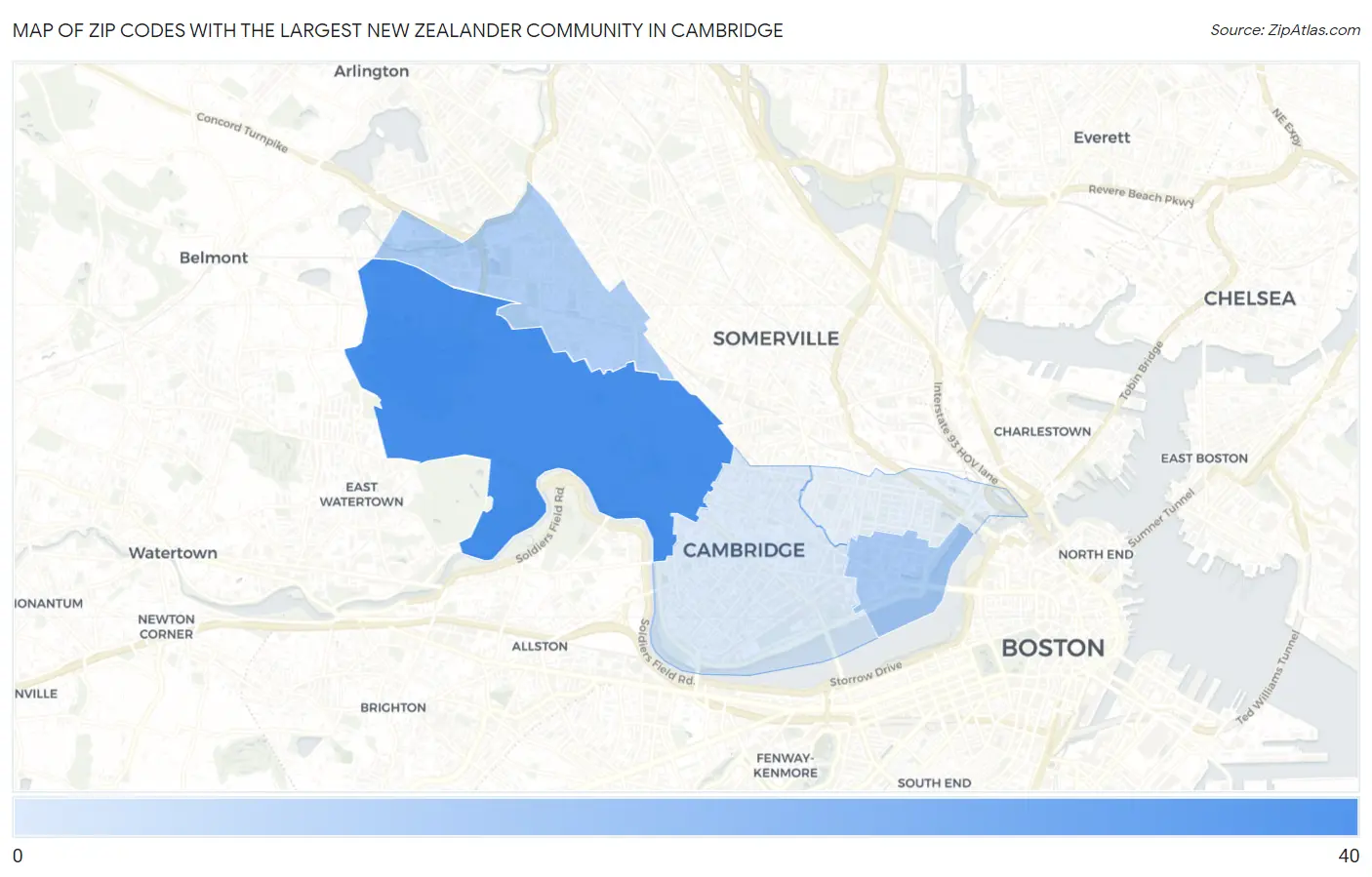 Zip Codes with the Largest New Zealander Community in Cambridge Map
