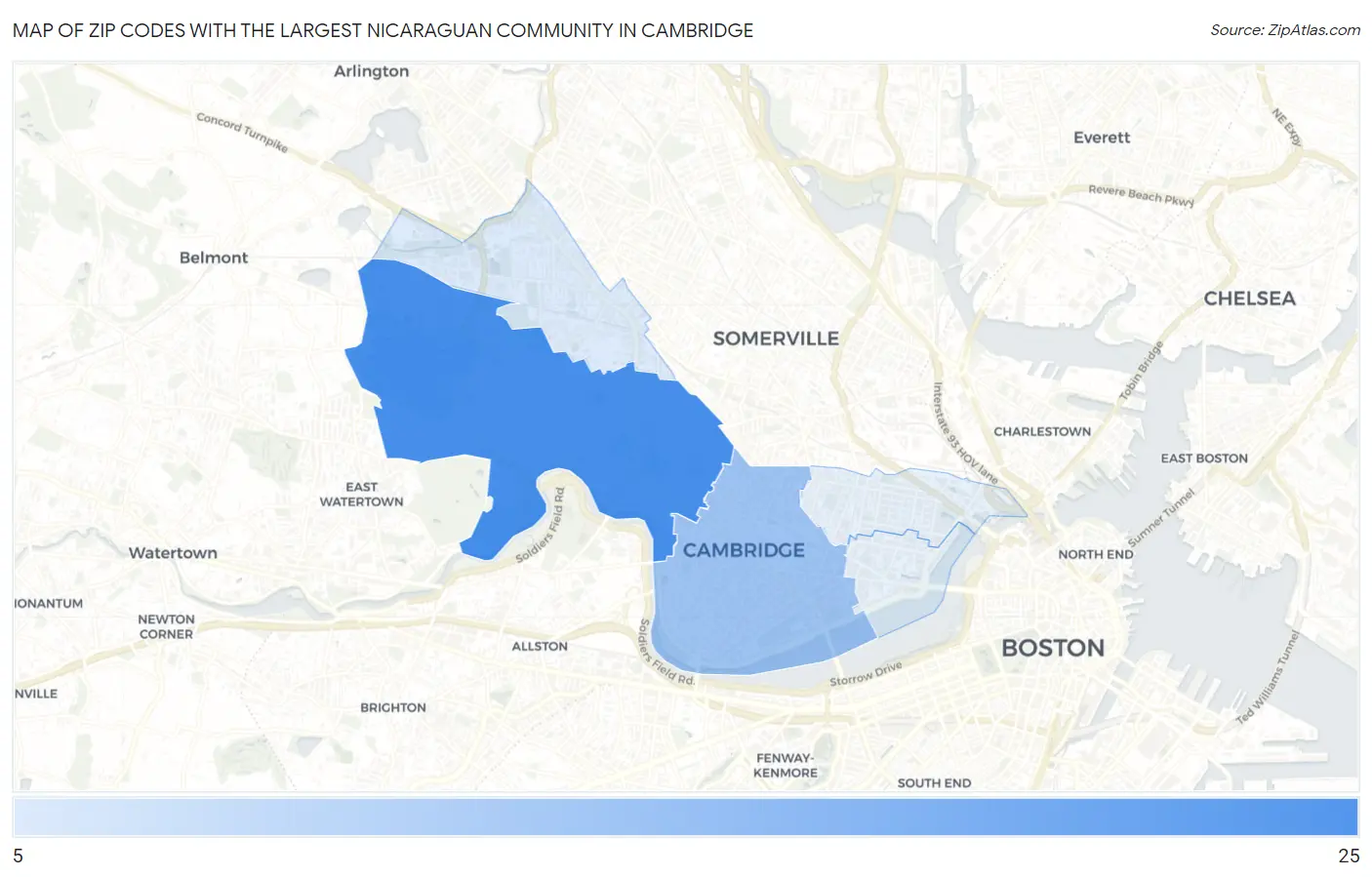 Zip Codes with the Largest Nicaraguan Community in Cambridge Map